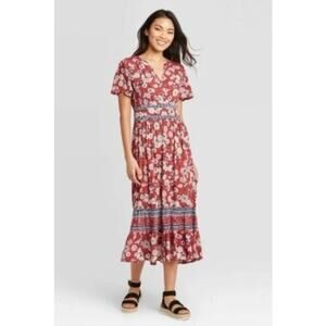 Knox Rose Strawberry‎ Jam Floral Midi Dress Size Medium V Neck Boho Summer